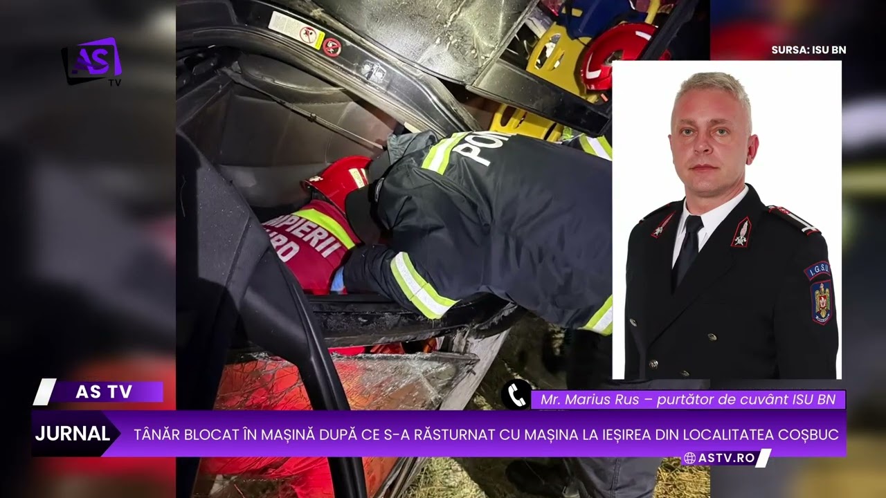 Tânăr blocat în mașină după ce s-a răsturnat cu mașina la ieșirea din localitatea Coșbuc