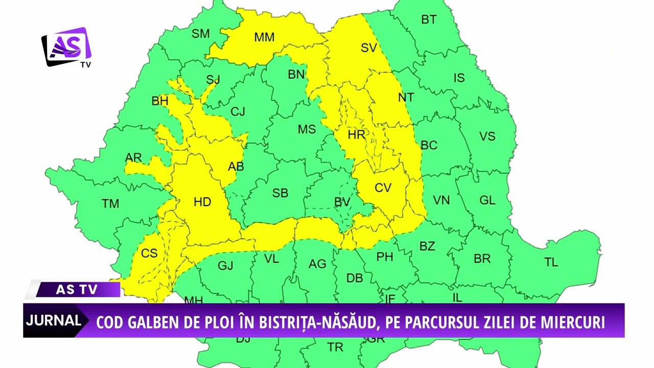Cod galben de ploi în Bistrița-Năsăud, pe parcursul zilei de miercuri